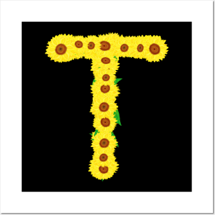 Sunflowers Initial Letter T (Black Background) Posters and Art